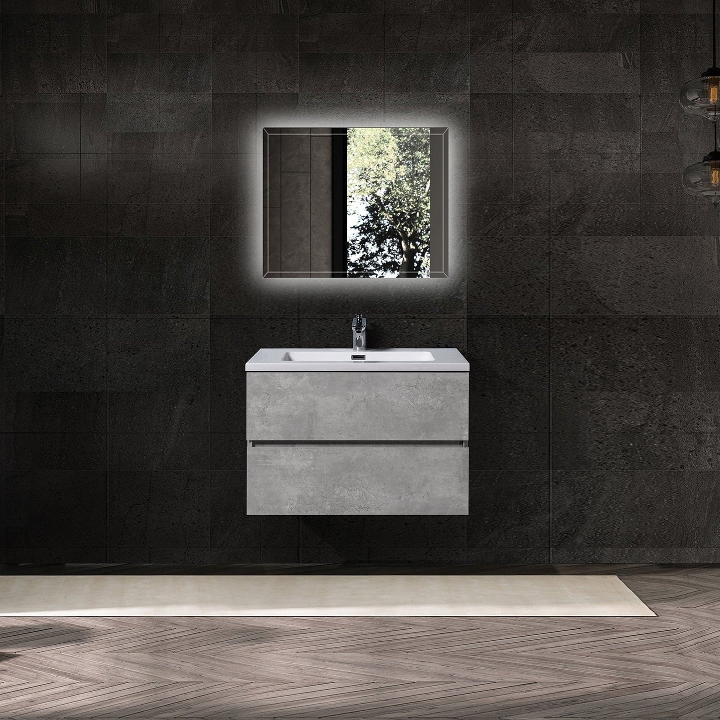 Duko Edi 30" Wooden Vanity Set With White Single Basin and Drawer Cabinet Cement Gray