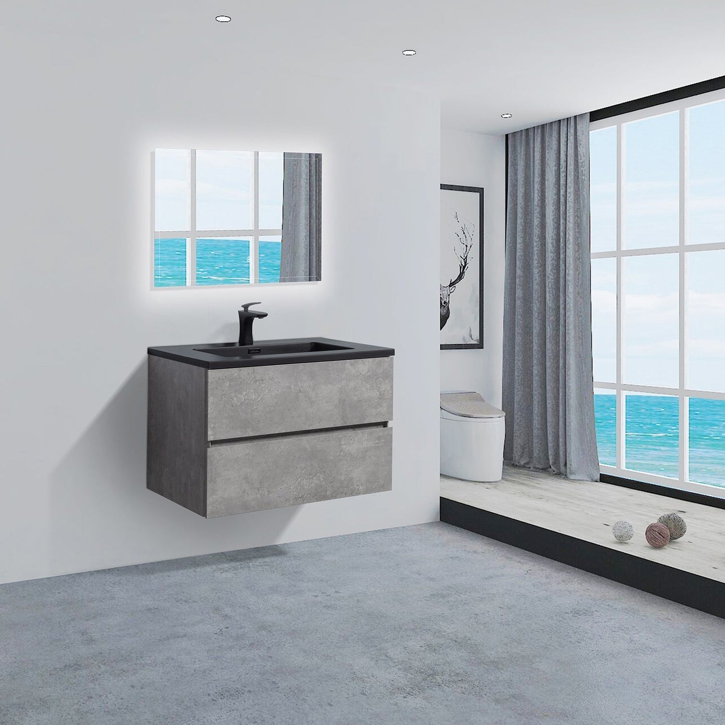 Duko Edi 36" With Black Single Basin and Drawer Cabinet Cement Gray Wooden Vanity Set