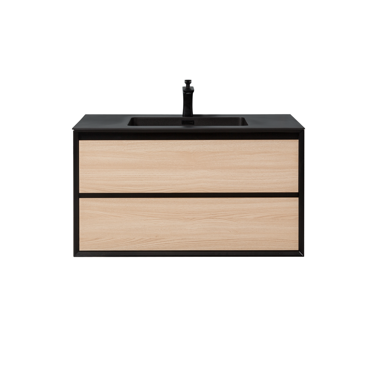 Duko Expect 36" With Black Single Basin and Drawer Cabinet Natural Oak Wooden Vanity Set