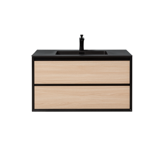 Duko Expect 36" With Black Single Basin and Drawer Cabinet Natural Oak Wooden Vanity Set