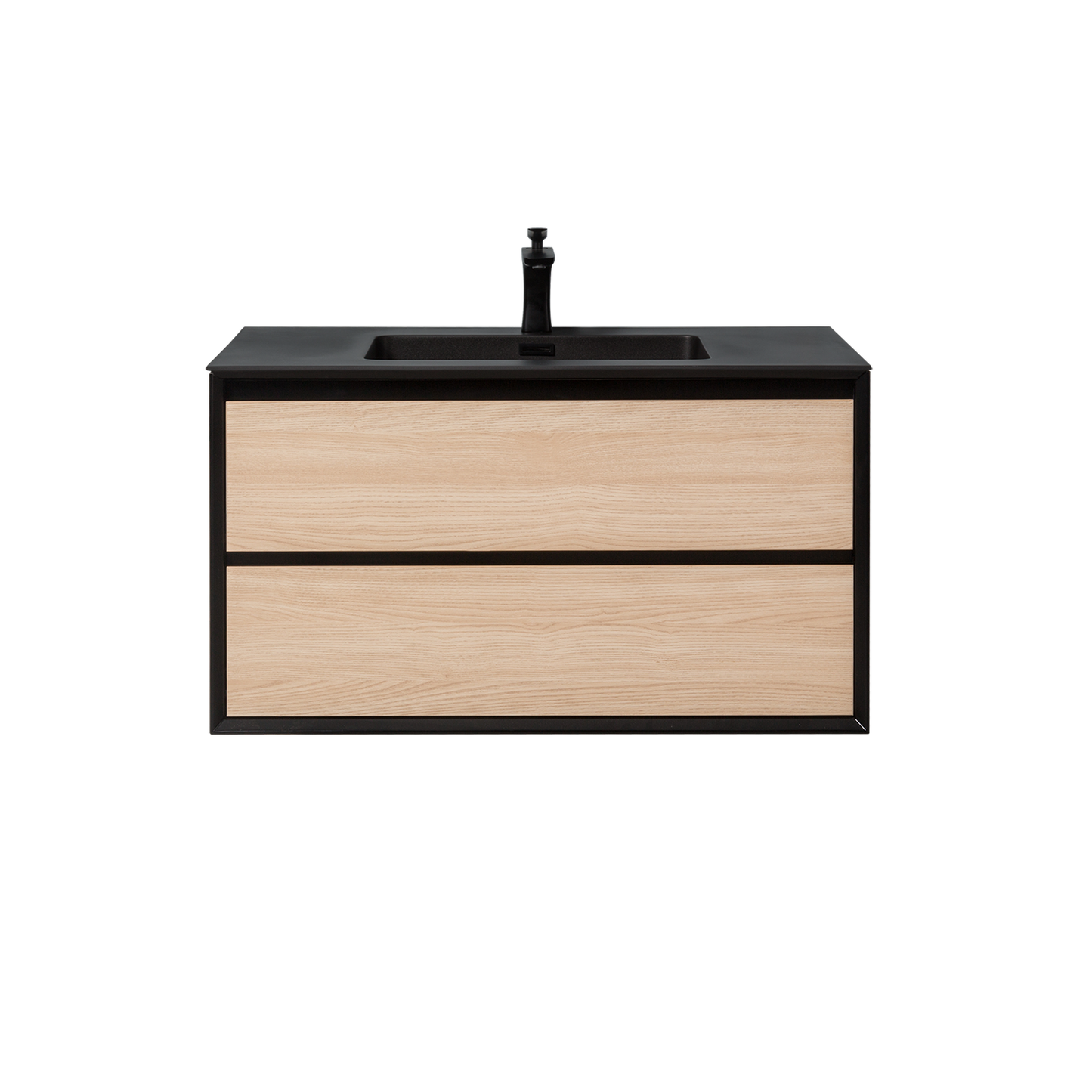 Duko Expect 36" Wooden Vanity Set With Black Single Basin and Drawer Cabinet Natural Oak