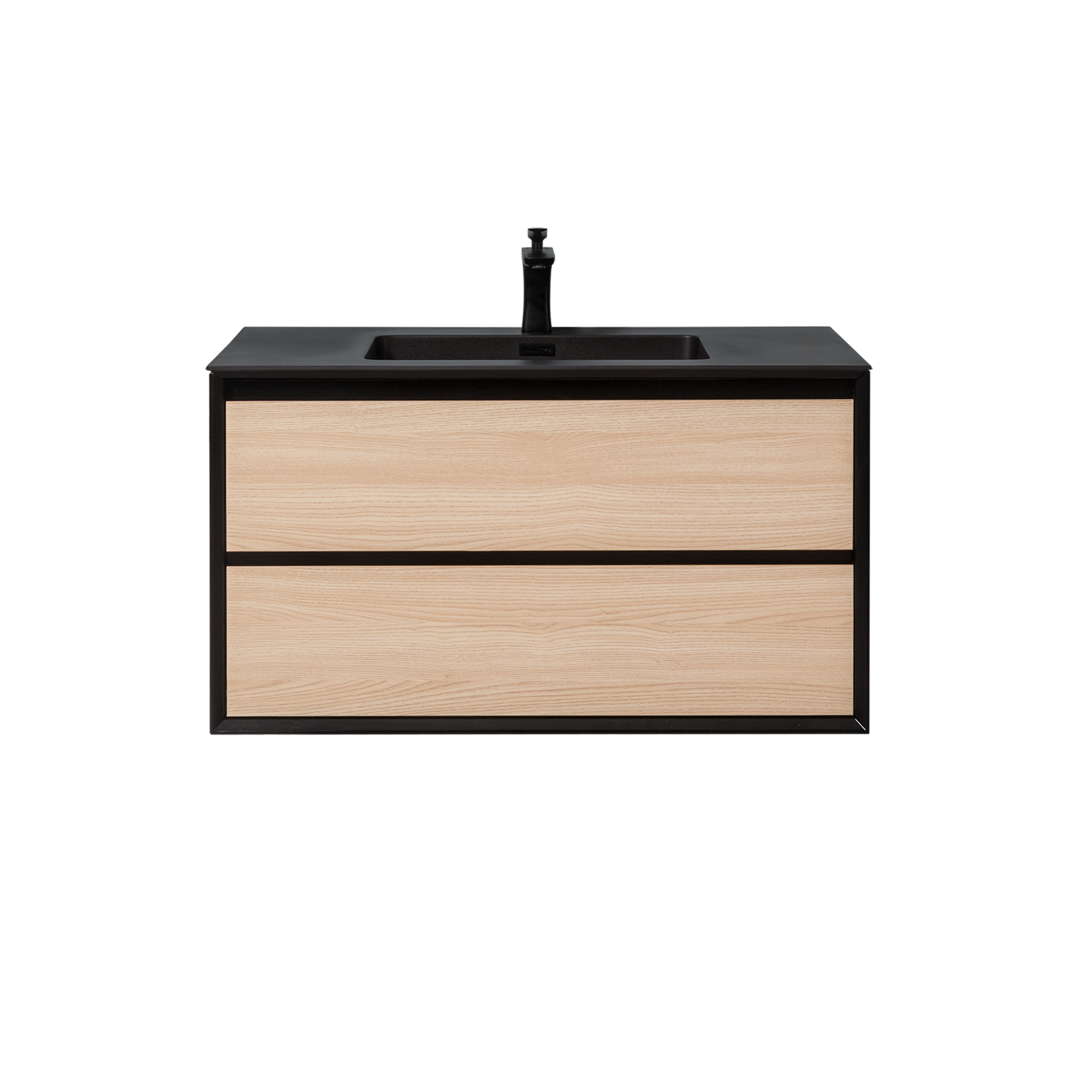 Duko Expect 36" Wooden Vanity Set With Black Single Basin and Drawer Cabinet Natural Oak