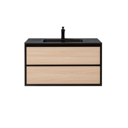 Duko Expect 36" Wooden Vanity Set With Black Single Basin and Drawer Cabinet Natural Oak