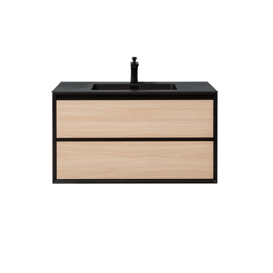 Duko Expect 36" Wooden Vanity Set With Black Single Basin and Drawer Cabinet Natural Oak