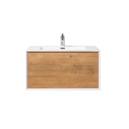 Duko Frula 30" With White Single Basin and Drawer Cabinet Oak Wooden Vanity Set