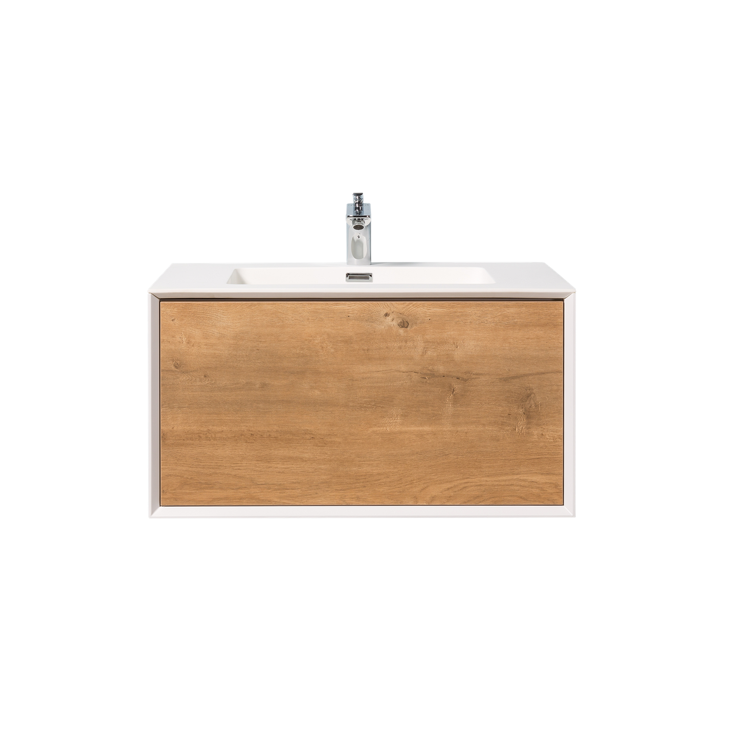 Duko Frula 30" Wooden Vanity Set With White Single Basin and Drawer Cabinet Oak