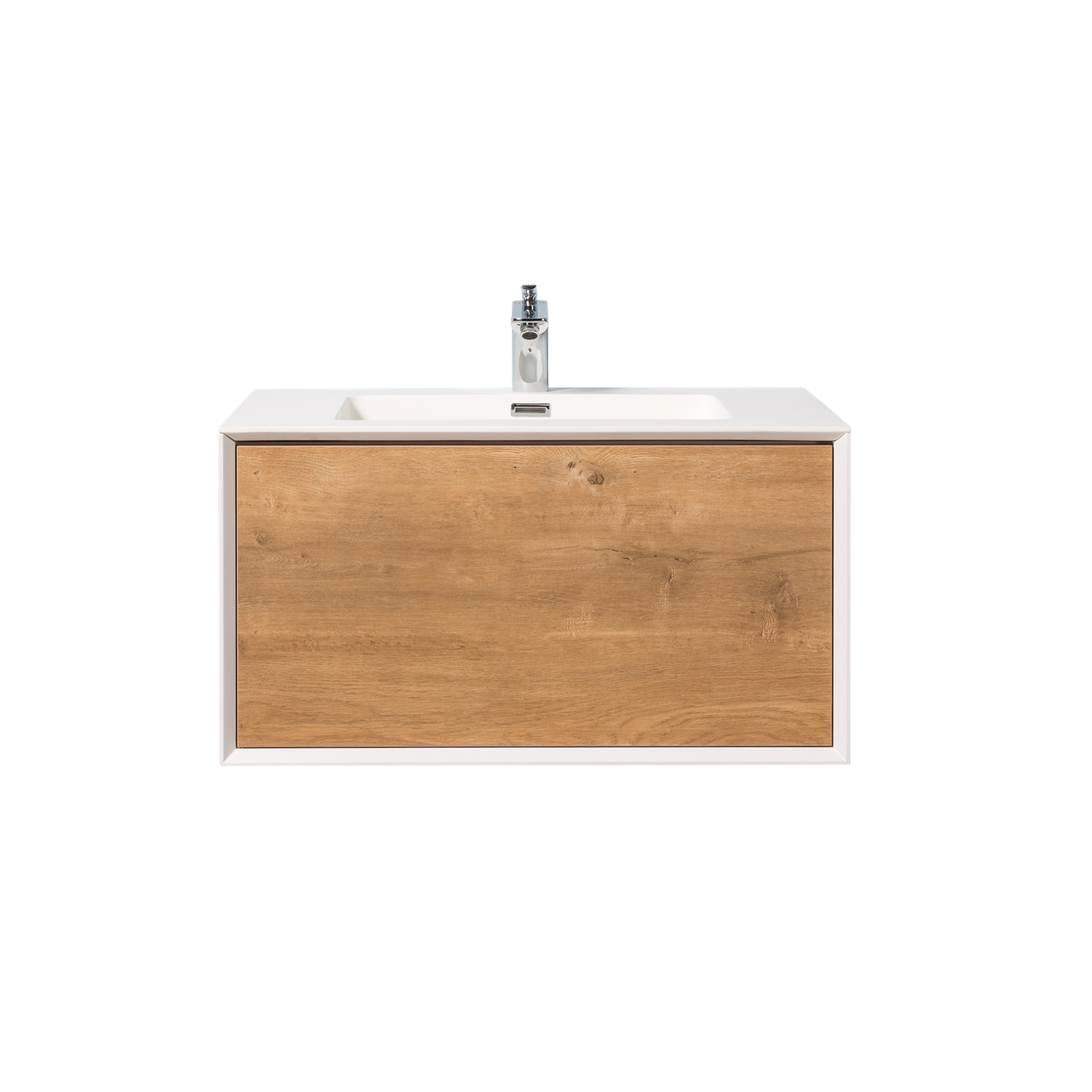 Duko Frula 30" Wooden Vanity Set With White Single Basin and Drawer Cabinet Oak