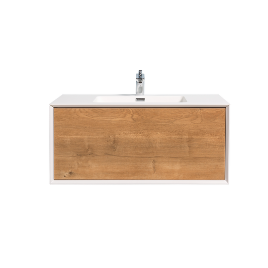 Duko Frula 36" With White Single Basin and Drawer Cabinet Oak Wooden Vanity Set