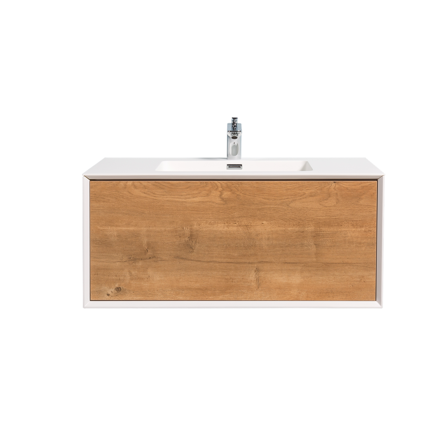 Duko Frula 36" Wooden Vanity Set With White Single Basin and Drawer Cabinet Oak