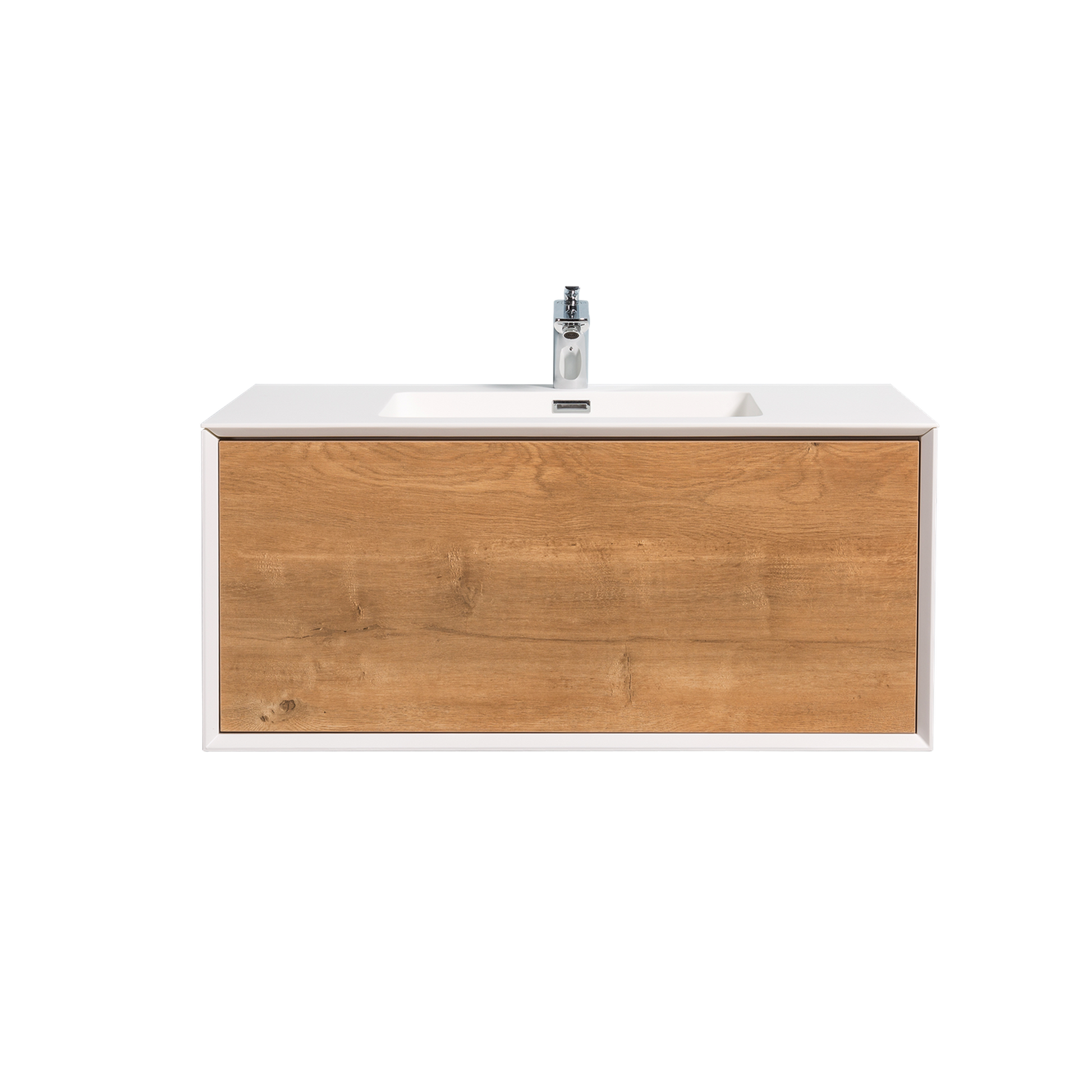 Duko Frula 36" Wooden Vanity Set With White Single Basin and Drawer Cabinet Oak