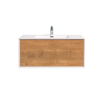 Duko Frula 36" Wooden Vanity Set With White Single Basin and Drawer Cabinet Oak