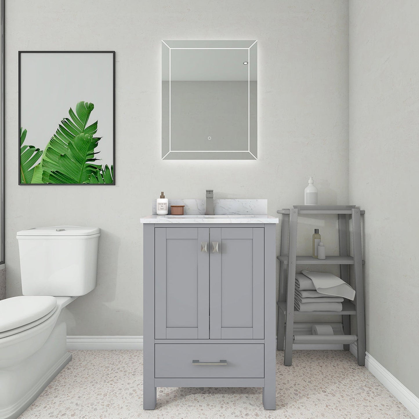 Duko Roma 24" Wooden Vanity Set With White Cararra Marble Tabletop, Rectangular Single Basin and Drawer Cabinet Gray