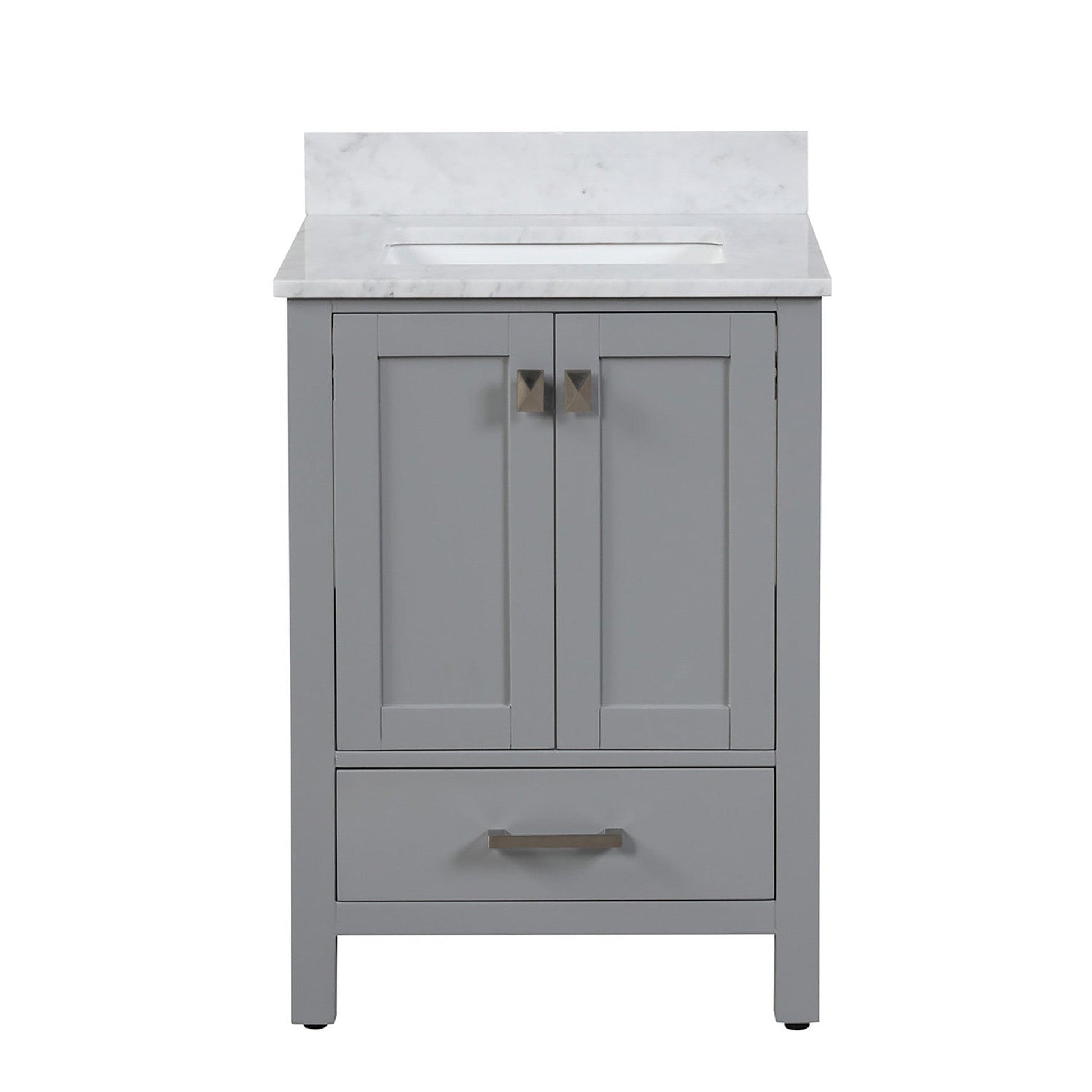 Duko Roma 24" Wooden Vanity Set With White Cararra Marble Tabletop, Rectangular Single Basin and Drawer Cabinet Gray