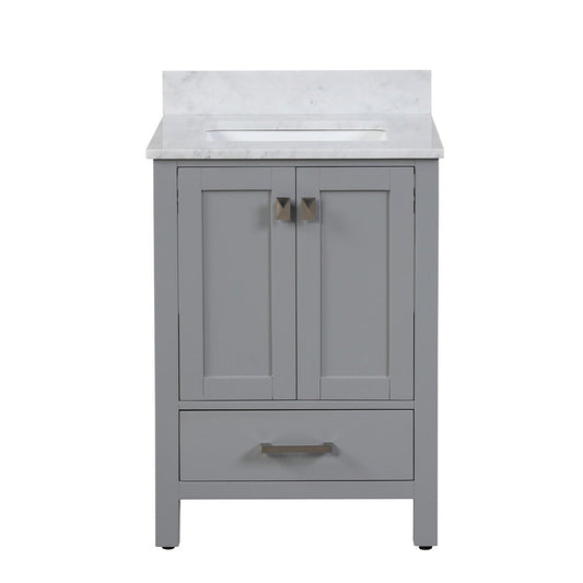 Duko Roma 24" With White Cararra Marble Tabletop, Rectangular Single Basin and Drawer Cabinet Gray Wooden Vanity Set