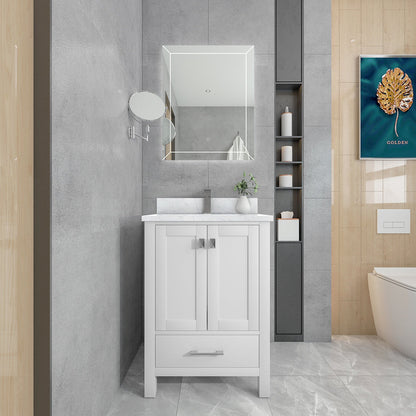 Duko Roma 24" Wooden Vanity Set With White Cararra Marble Tabletop, Rectangular Single Basin and Drawer Cabinet White