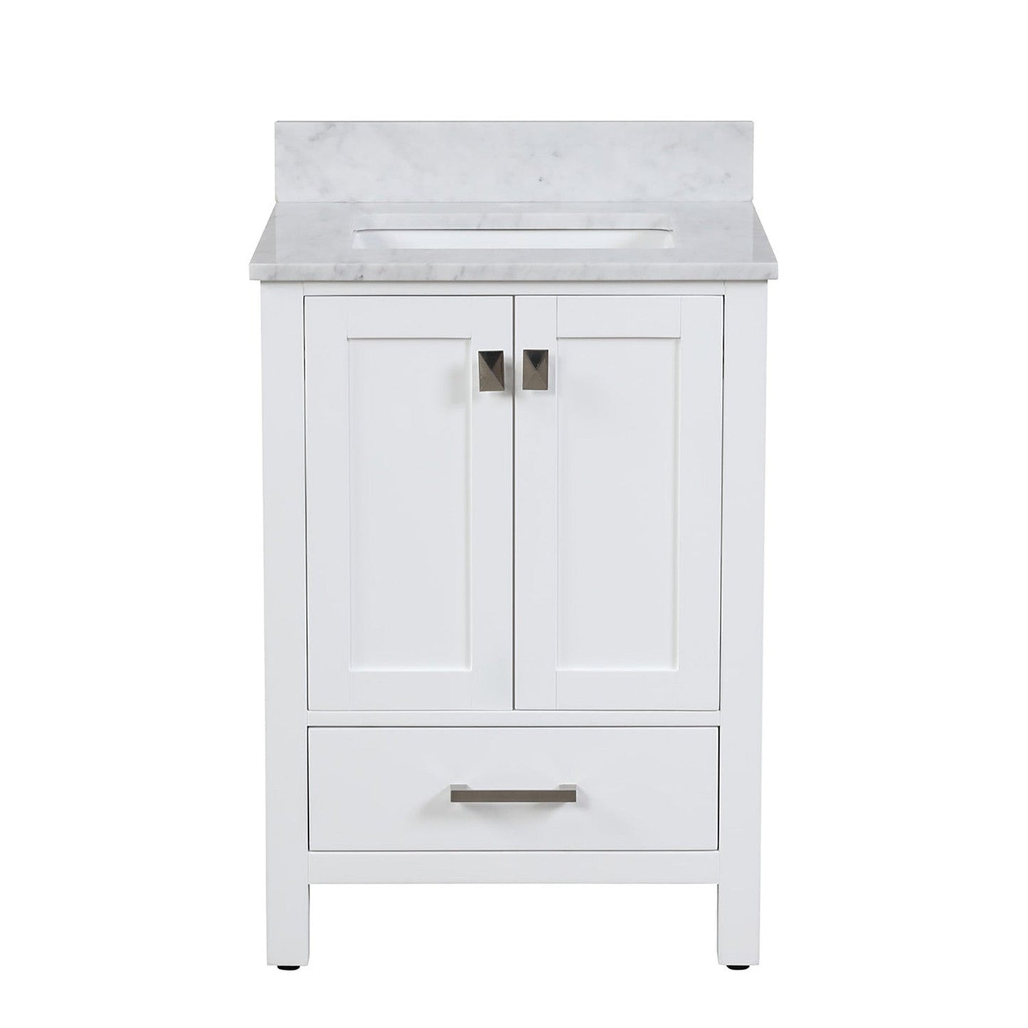 Duko Roma 24" Wooden Vanity Set With White Cararra Marble Tabletop, Rectangular Single Basin and Drawer Cabinet White