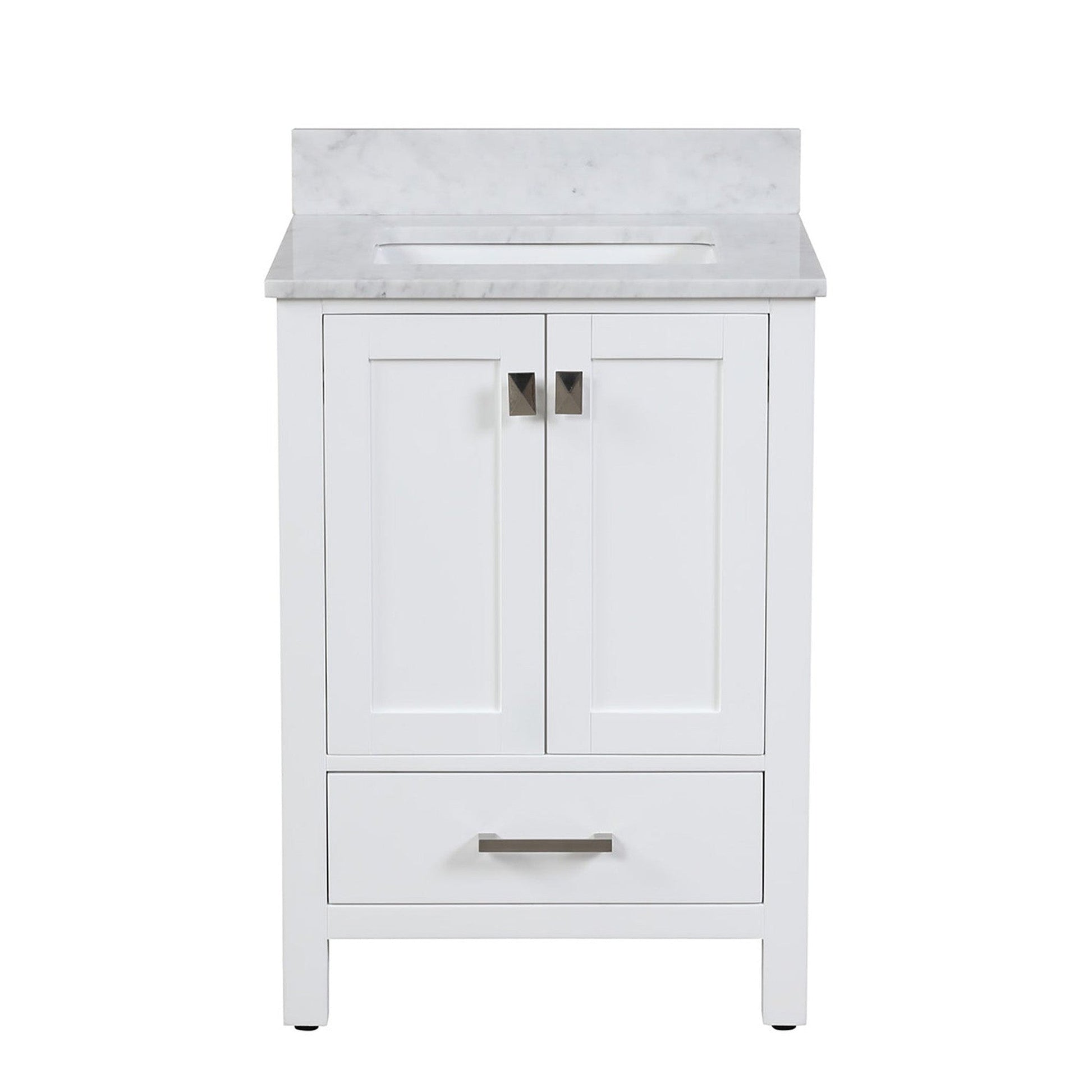 Duko Roma 24" Wooden Vanity Set With White Cararra Marble Tabletop, Rectangular Single Basin and Drawer Cabinet White