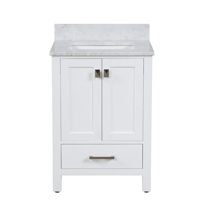 Duko Roma 24" Wooden Vanity Set With White Cararra Marble Tabletop, Rectangular Single Basin and Drawer Cabinet White