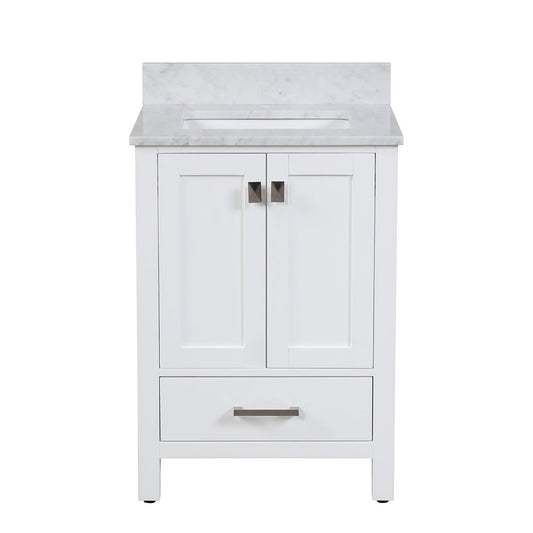 Duko Roma 24" With White Cararra Marble Tabletop, Rectangular Single Basin and Drawer Cabinet White Wooden Vanity Set