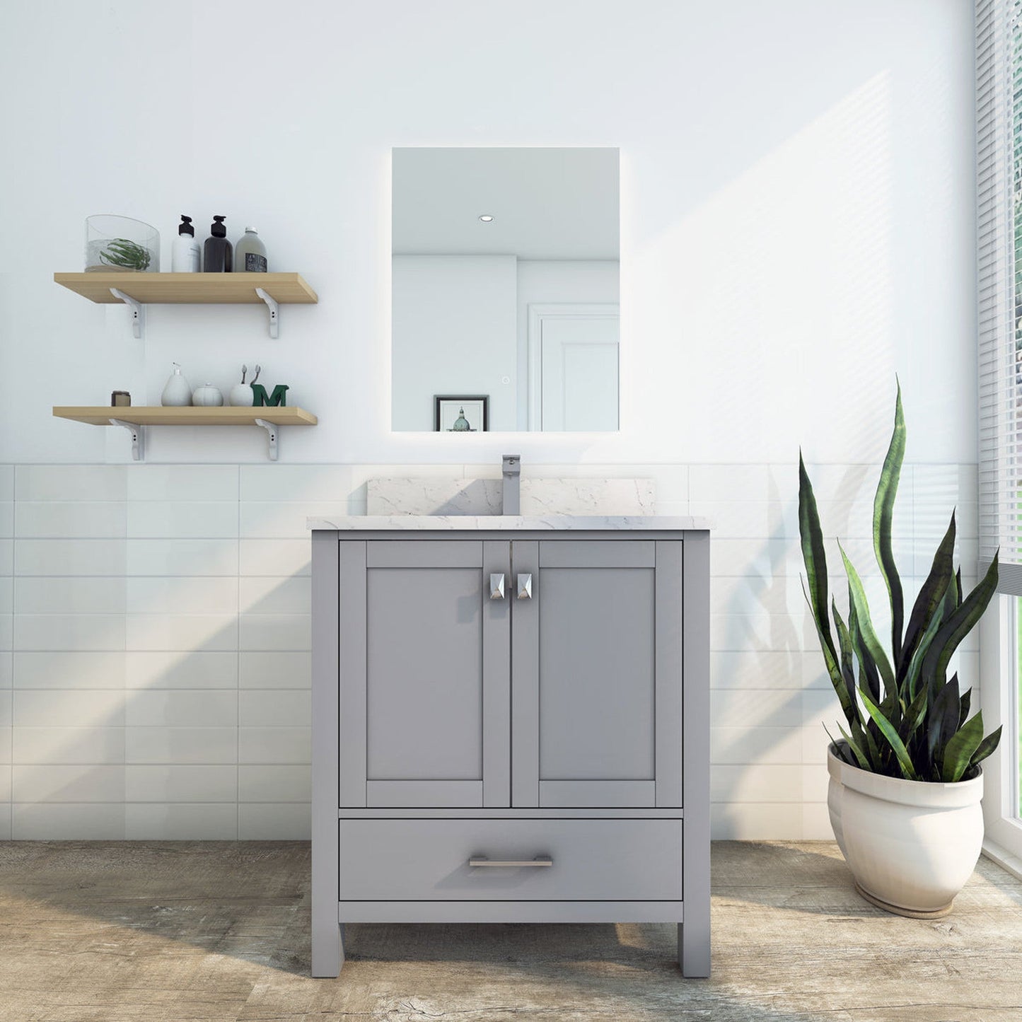 Duko Roma 30" With White Cararra Marble Tabletop, Rectangular Single Basin and Drawer Cabinet Gray Wooden Vanity Set
