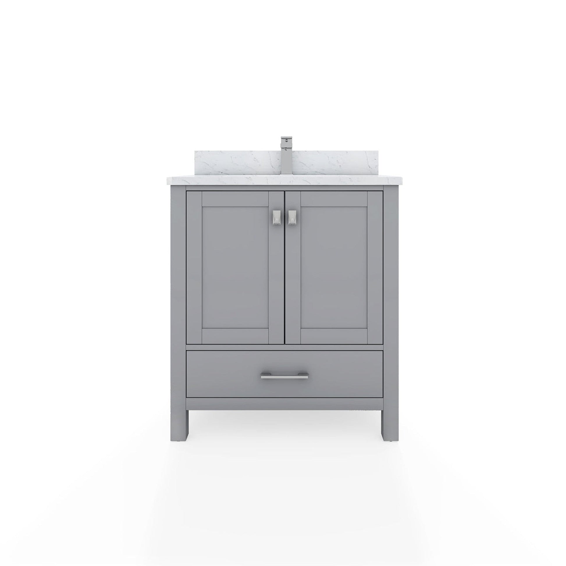 Duko Roma 30" With White Cararra Marble Tabletop, Rectangular Single Basin and Drawer Cabinet Gray Wooden Vanity Set