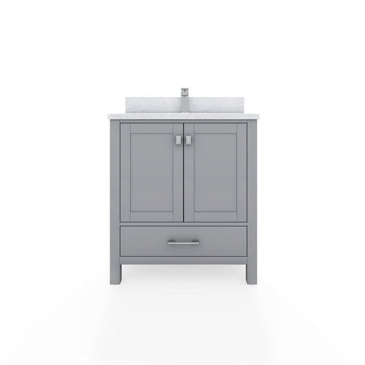 Duko Roma 30" With White Cararra Marble Tabletop, Rectangular Single Basin and Drawer Cabinet Gray Wooden Vanity Set
