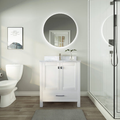Duko Roma 30" With White Cararra Marble Tabletop, Rectangular Single Basin and Drawer Cabinet White Wooden Vanity Set