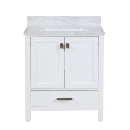 Duko Roma 30" With White Cararra Marble Tabletop, Rectangular Single Basin and Drawer Cabinet White Wooden Vanity Set