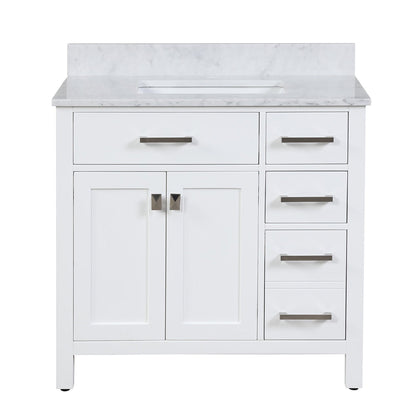 Duko Roma 36" With White Cararra Marble Tabletop, Rectangular Single Basin and Drawer Cabinet White Wooden Vanity Set