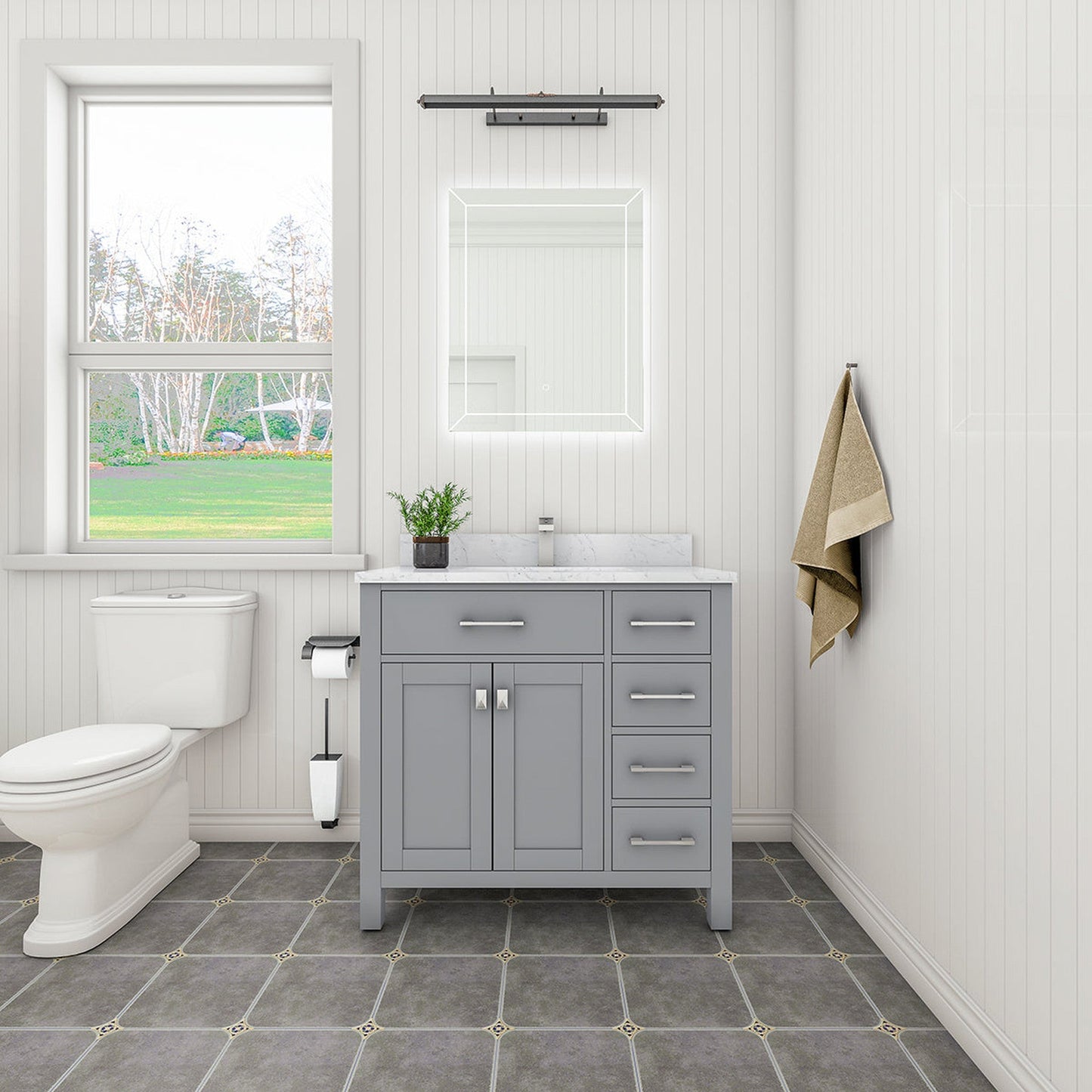 Duko Roma 36" With White Cararra Marble Tabletop, Rectangular Single Basin and Drawer Cabinet Gray Wooden Vanity Set