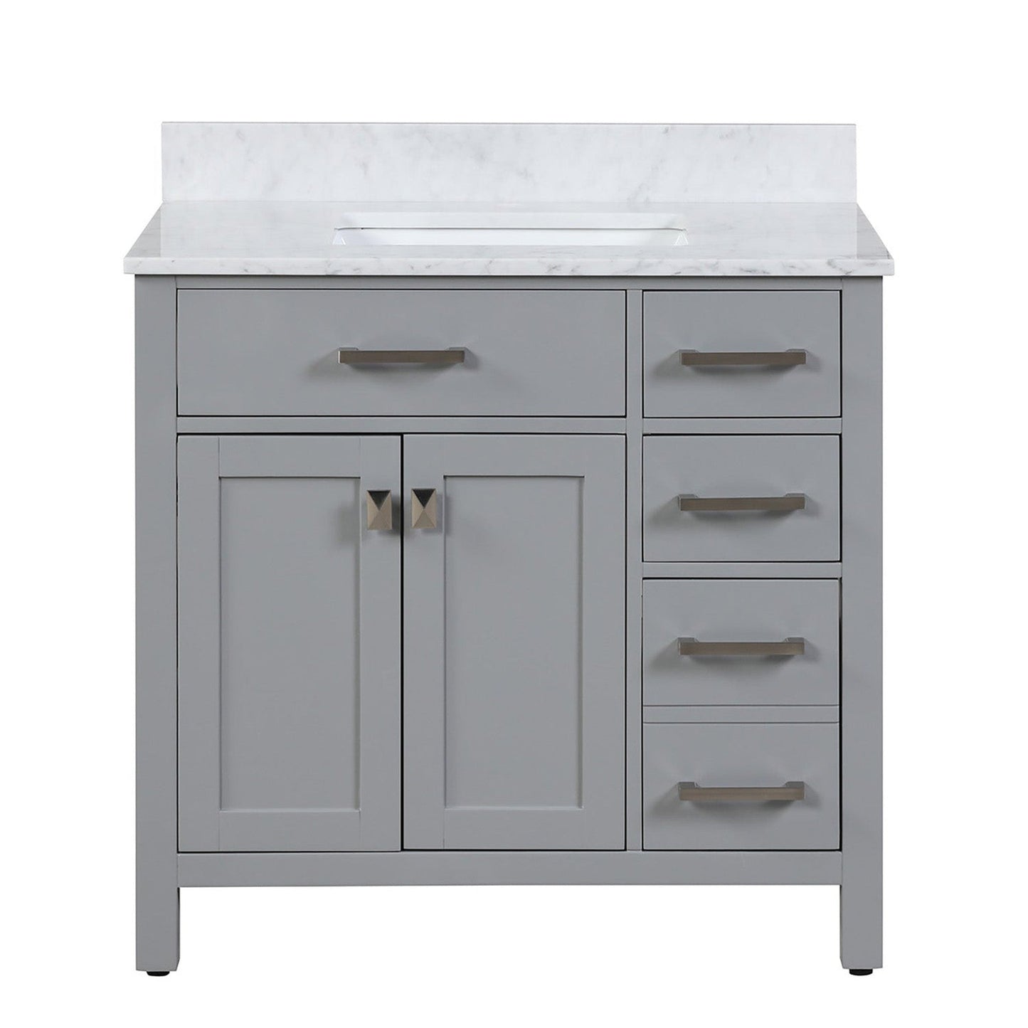 Duko Roma 36" With White Cararra Marble Tabletop, Rectangular Single Basin and Drawer Cabinet Gray Wooden Vanity Set