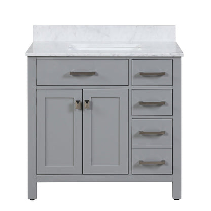 Duko Roma 36" With White Cararra Marble Tabletop, Rectangular Single Basin and Drawer Cabinet Gray Wooden Vanity Set