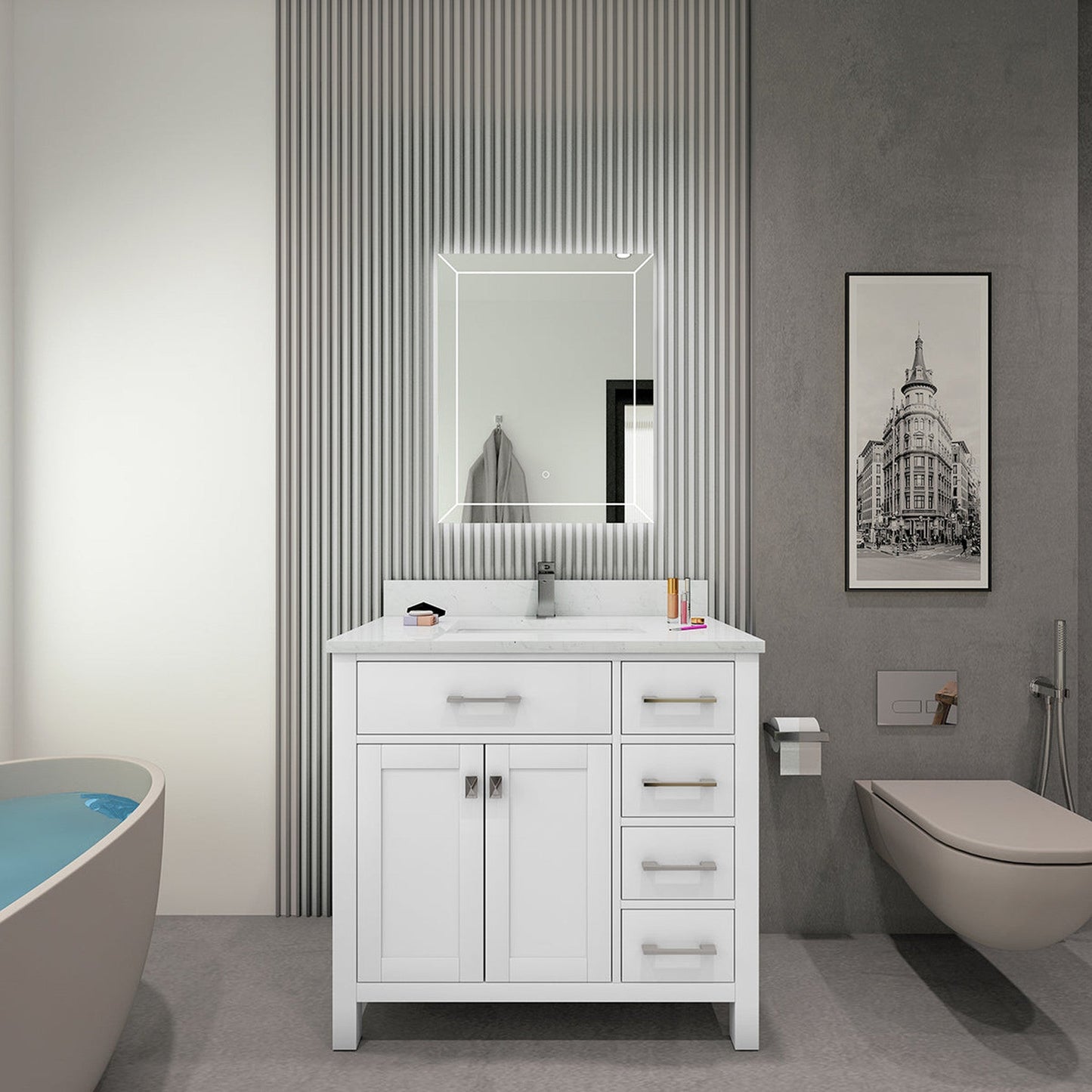 Duko Roma 36" Wooden Vanity Set With White Cararra Marble Tabletop, Rectangular Single Basin and Drawer Cabinet White