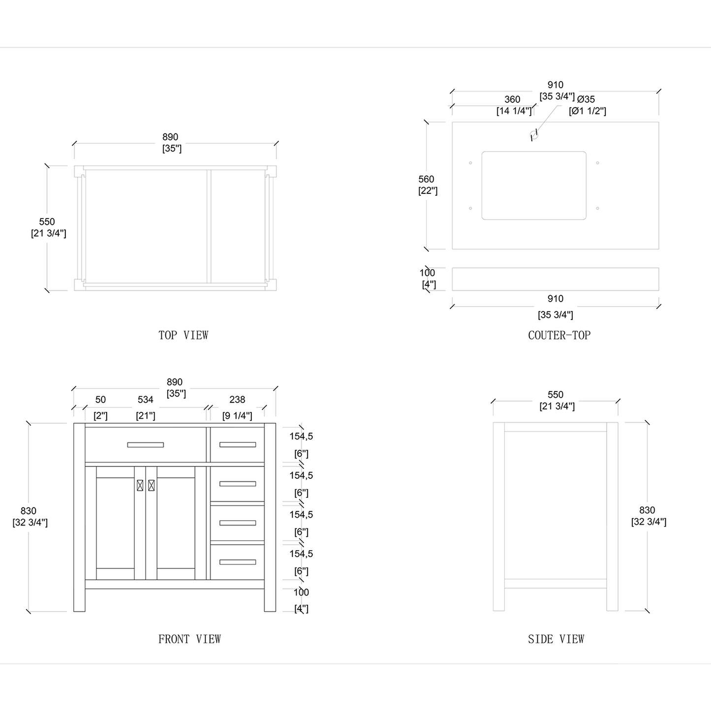 Duko Roma 36" Wooden Vanity Set With White Cararra Marble Tabletop, Rectangular Single Basin and Drawer Cabinet White