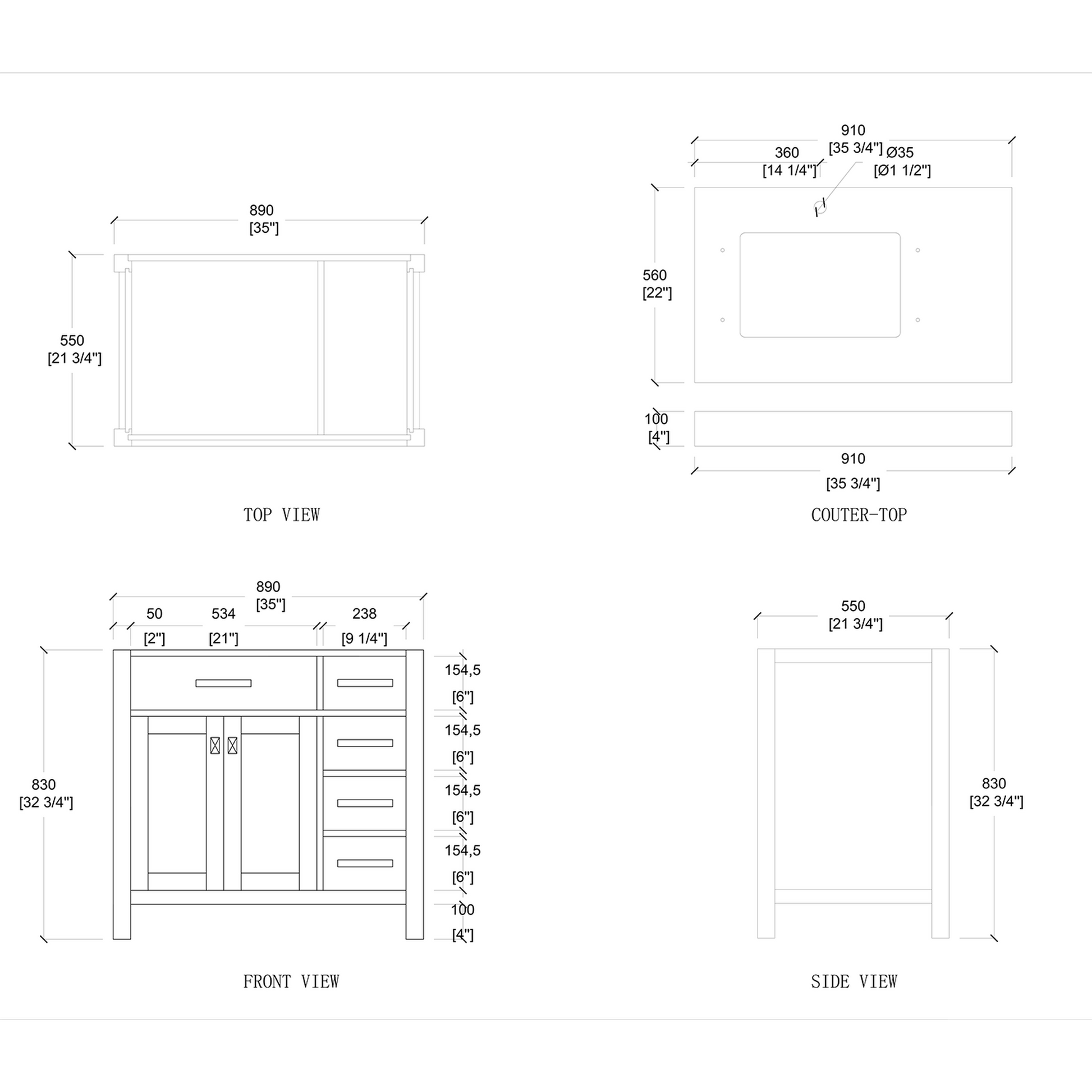 Duko Roma 36" Wooden Vanity Set With White Cararra Marble Tabletop, Rectangular Single Basin and Drawer Cabinet White