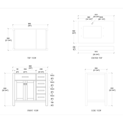 Duko Roma 36" Wooden Vanity Set With White Cararra Marble Tabletop, Rectangular Single Basin and Drawer Cabinet White