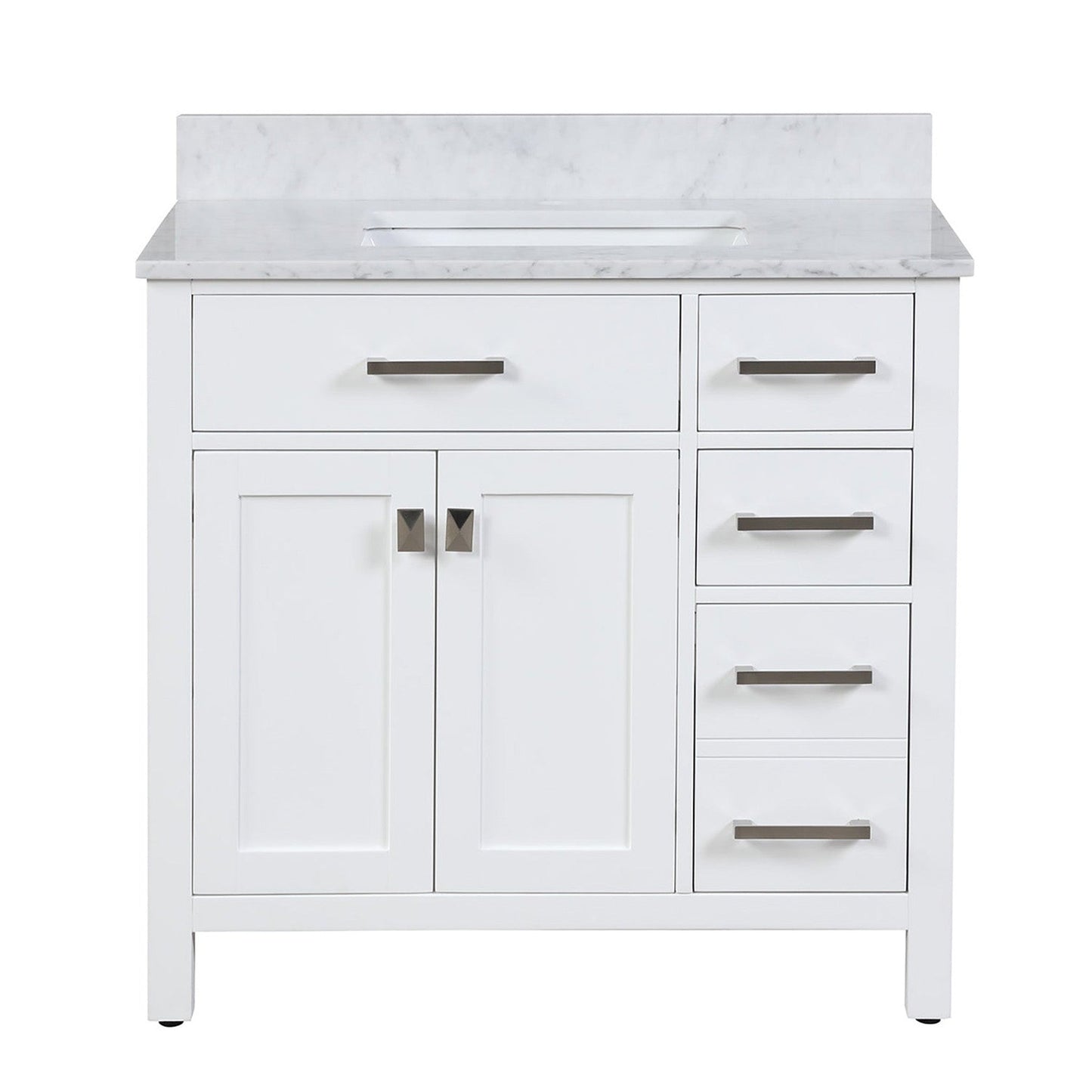 Duko Roma 36" Wooden Vanity Set With White Cararra Marble Tabletop, Rectangular Single Basin and Drawer Cabinet White