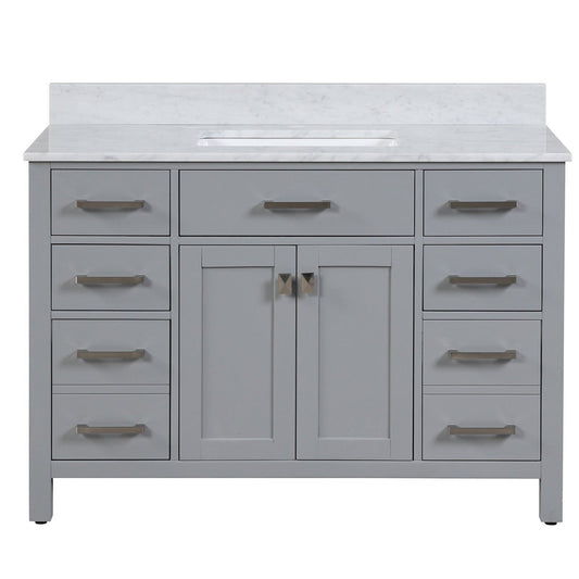 Duko Roma 48" With White Cararra Marble Tabletop, Rectangular Single Basin and Drawer Cabinet Gray Wooden Vanity Set
