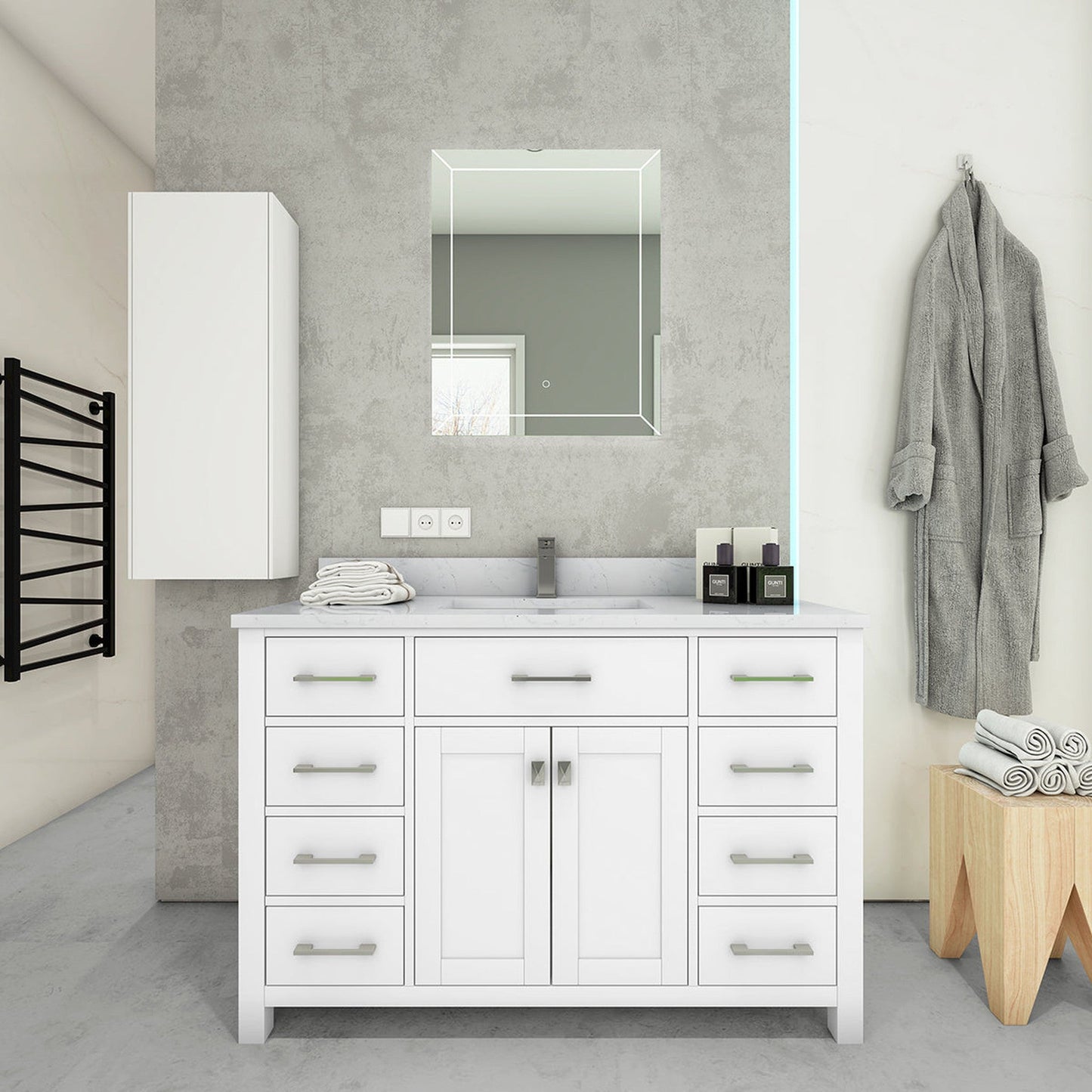 Duko Roma 48" With White Cararra Marble Tabletop, Rectangular Single Basin and Drawer Cabinet White Wooden Vanity Set