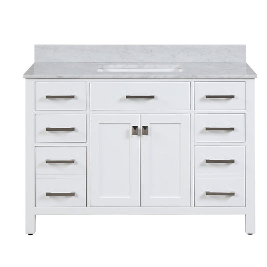 Duko Roma 48" With White Cararra Marble Tabletop, Rectangular Single Basin and Drawer Cabinet White Wooden Vanity Set