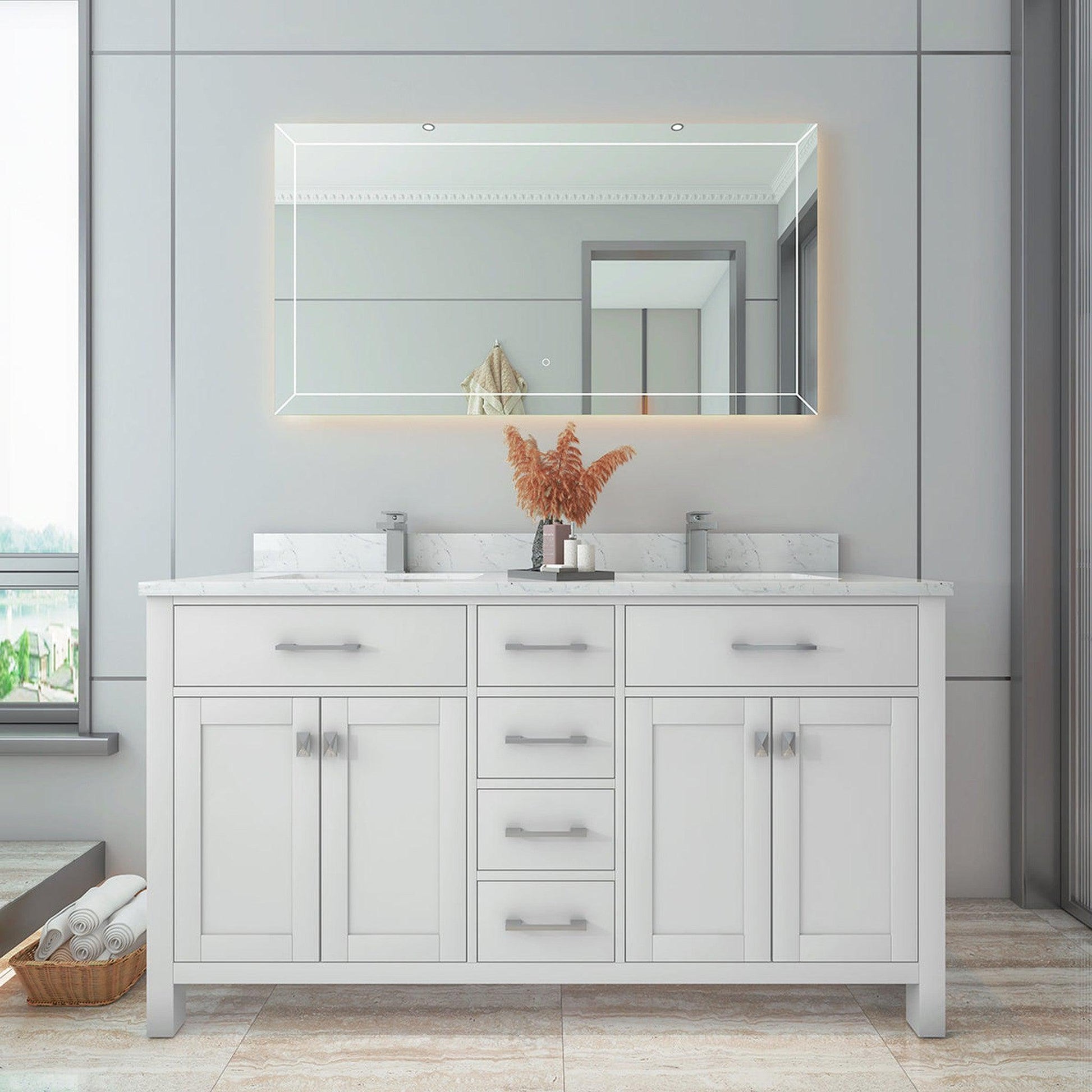 Duko Roma 60" With White Cararra Marble Tabletop, Rectangular Double Basin and Drawer Cabinet White Wooden Vanity Set