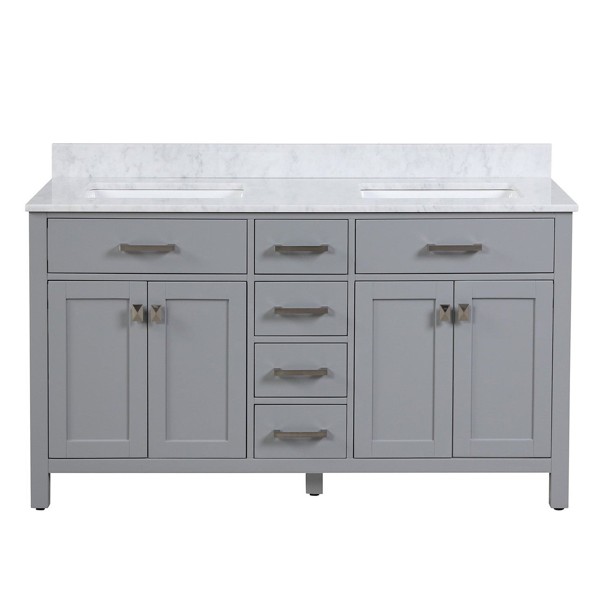 Duko Roma 60" With White Cararra Marble Tabletop, Rectangular Double Basin and Drawer Cabinet Gray Wooden Vanity Set