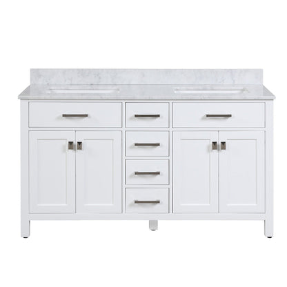 Duko Roma 60" With White Cararra Marble Tabletop, Rectangular Double Basin and Drawer Cabinet White Wooden Vanity Set