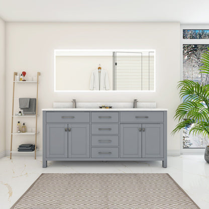 Duko Roma 72" Wooden Vanity Set With White Cararra Marble Tabletop, Rectangular Double Basin and Drawer Cabinet Gray