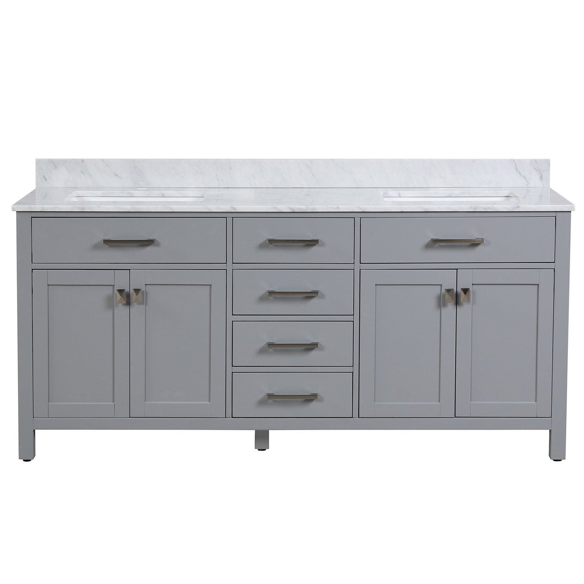 Duko Roma 72" Wooden Vanity Set With White Cararra Marble Tabletop, Rectangular Double Basin and Drawer Cabinet Gray