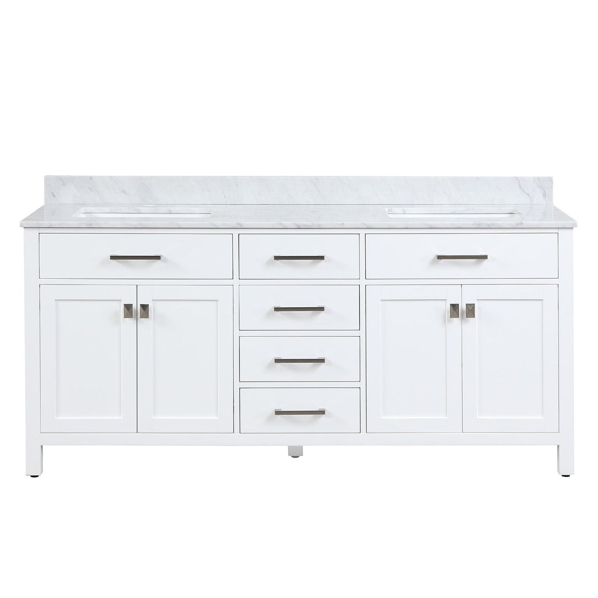 Duko Roma 72" With White Cararra Marble Tabletop, Rectangular Double Basin and Drawer Cabinet White Wooden Vanity Set