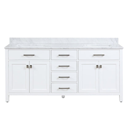 Duko Roma 72" With White Cararra Marble Tabletop, Rectangular Double Basin and Drawer Cabinet White Wooden Vanity Set