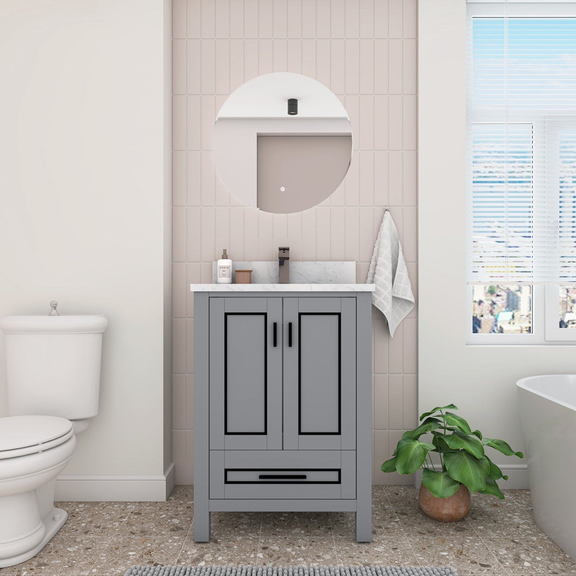 Duko Venice 24" With White Cararra Marble Tabletop, Rectangular Single Basin and Drawer Cabinet Gray Wooden Vanity Set