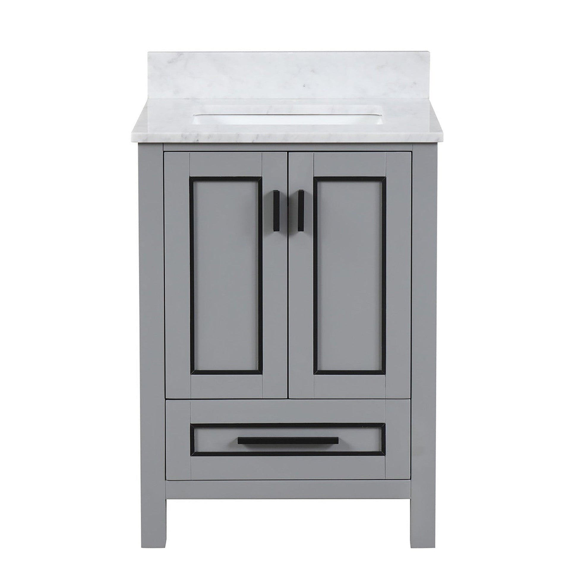 Duko Venice 24" With White Cararra Marble Tabletop, Rectangular Single Basin and Drawer Cabinet Gray Wooden Vanity Set