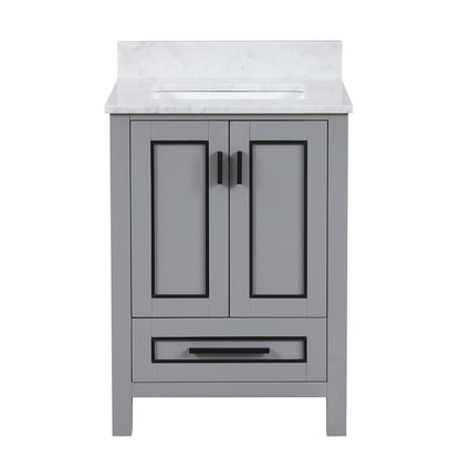 Duko Venice 24" With White Cararra Marble Tabletop, Rectangular Single Basin and Drawer Cabinet Gray Wooden Vanity Set